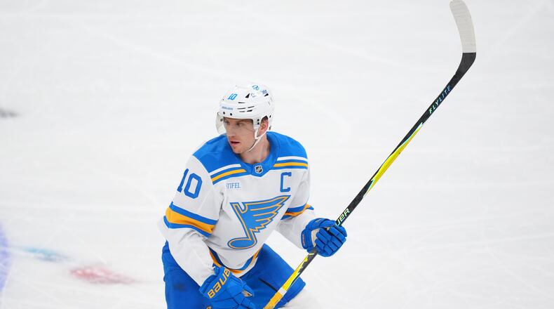 FILE - St. Louis Blues center Brayden Schenn skates against the Dallas Stars during the third period of an NHL hockey game Friday, Jan. 23, 2026, in Dallas. (AP Photo/Julio Cortez, File)