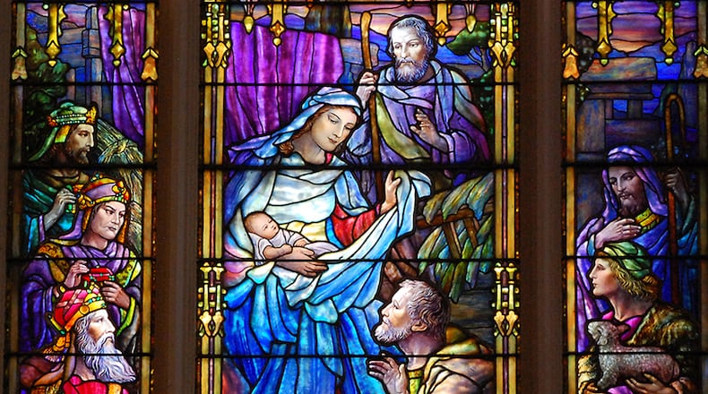This detail from the "Advent" window at First Presbyterian Church of Atlanta is by the Tiffany studio and depicts Mary and baby Jesus.