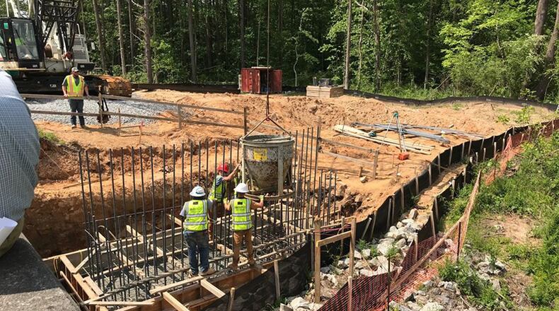 Crews put in bridge pilings for the State Bridge Road widening project in Johns Creek. CITY OF JOHNS CREEK