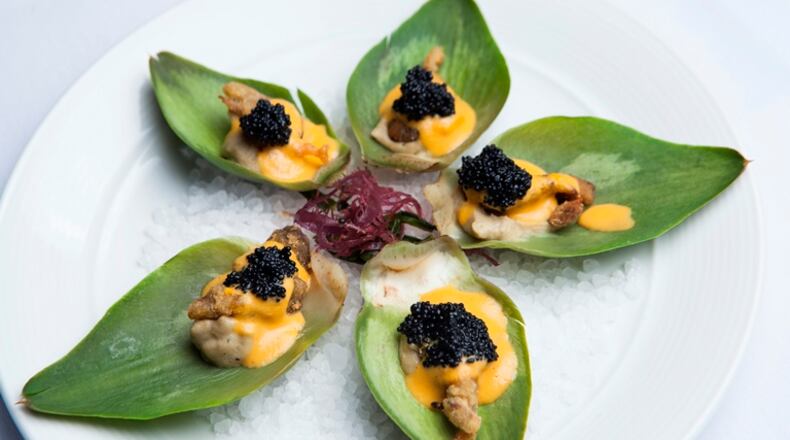 Artichoke oysters with kelp caviar at the vegan restaurant Crossroads, in Los Angeles, Sept. 3, 2015. The restaurant, with its plush banquettes and long bar, steers clear of that “traditional vegetarian restaurant vibe with bamboo floors and loud juicers in the background,” says Tal Ronnen, the chef and an owner.