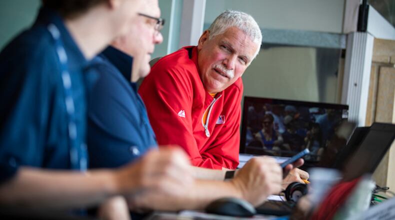Scorekeeper Stew Thornley chats with colleagues between innings on June 5, 2018 during game one of a double header between the Minnesota Twins and Chicago White Sox at Target Field in Minneapolis, Minn. (Leila Navidi/Minneapolis Star Tribune/TNS)