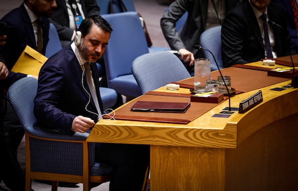 Syria's Foreign Minister Asaad Al-Shibani attends a Security Council meeting on the situation of the Middle East at United Nations Headquarters on Friday, April 25, 2025. (AP Photo/Kena Betancur)