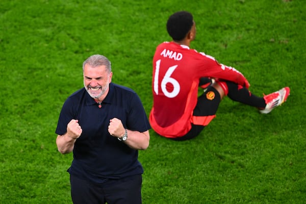 Tottenham's head coach Ange Postecoglou celebrates after the Europa League final soccer match between Tottenham Hotspur and Manchester United at the San Mamés Stadium in Bilbao, Spain, Wednesday, May 21, 2025. (AP Photo/Miguel Oses)