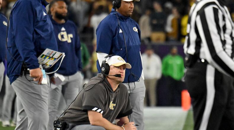 Georgia Tech head coach Brent Key watches from sideline during the second half of an NCAA college football game at Georgia Tech's Bobby Dodd Stadium, Saturday, November 25, 2023, in Atlanta. Georgia won 31-23 over Georgia Tech. (Hyosub Shin / Hyosub.Shin@ajc.com)