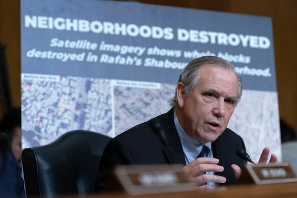 Sen. Jeff Merkley, D-Ore.,questions Secretary of State Marco Rubio as he testifies before the Senate Committee on Foreign Relations hearing to examine the President's proposed budget request for fiscal year 2026 for the Department of State on Capitol Hill in Washington, Tuesday, May 20, 2025. (AP Photo/Jose Luis Magana)