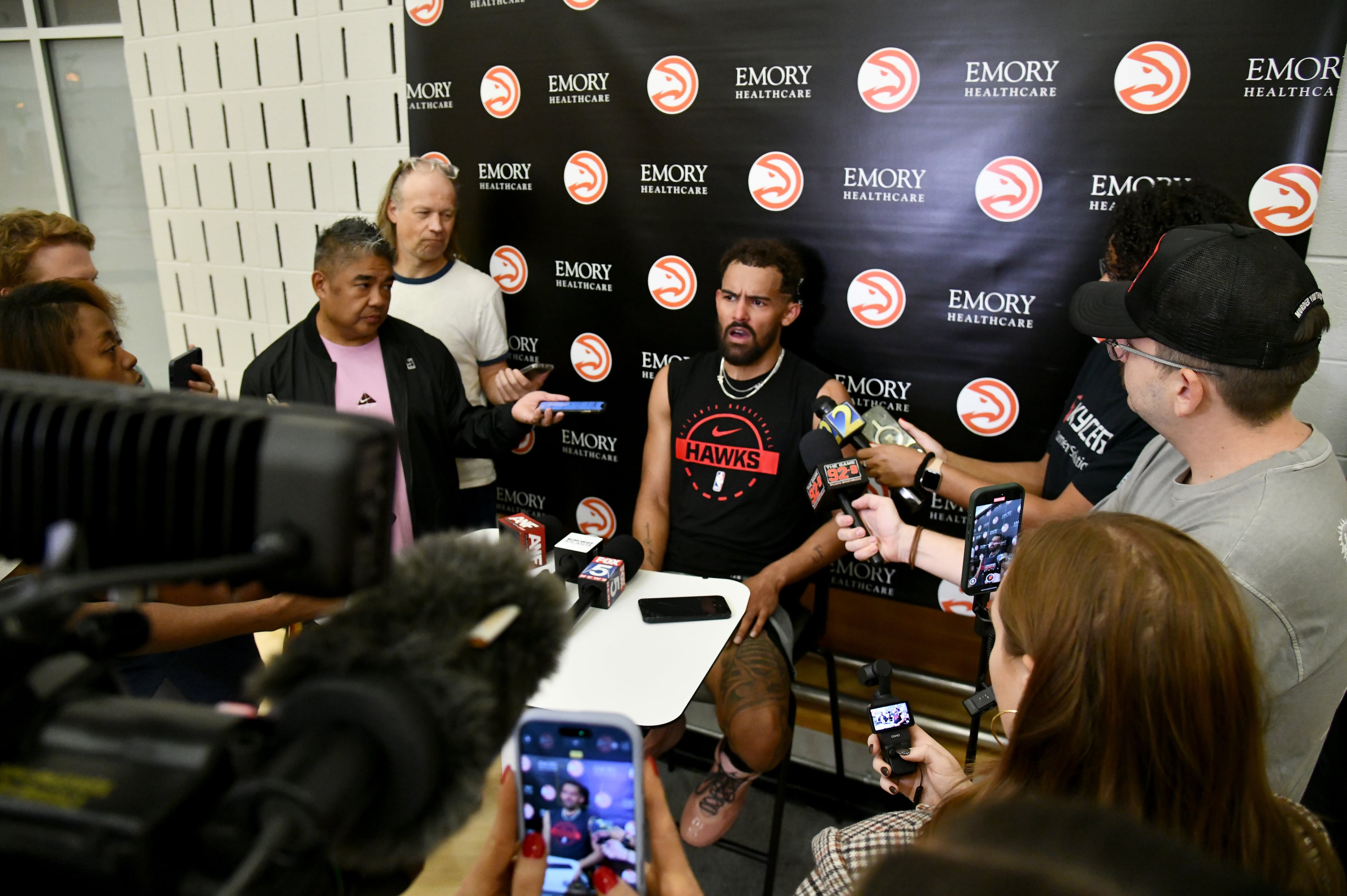 Hawks guard Trae Young answers questions from the media during the first day of training camp at the team’s practice facility on Tuesday, Sept. 30, 2025, in Brookhaven. (Hyosub Shin/AJC)