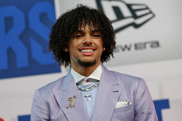 Asa Newell arrives for the first round of the NBA draft on Wednesday, June 25, 2025, in New York. The Hawks made a big move Wednesday night to acquire the former Georgia Bulldog. (Adam Hunger/AP)