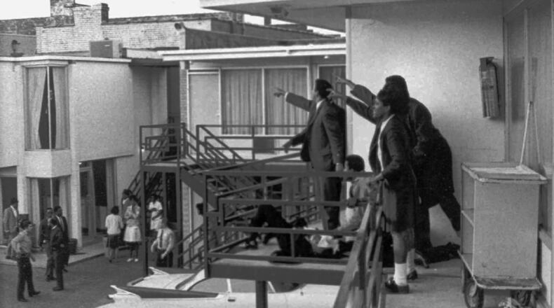 The Lorraine Motel in Memphis when Martin Luther King Jr. was assassinated in 1968. Andrew Young, in the center of this famous photo, was among several witnesses pointing out to police where the fatal shot came from. (Joseph Louw / AP file)