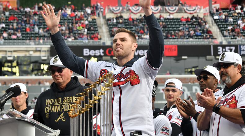 Freddie Freeman waves to fans during the Braves' World Series championship celebration Nov. 5, 2021, at Truist Park.
