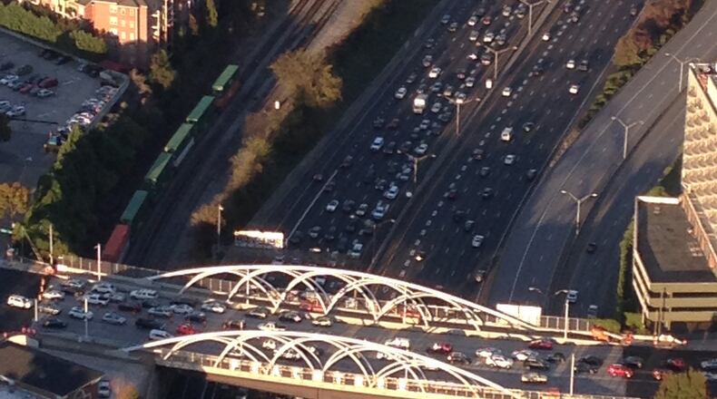 The airborne view of the nearly-completed repairs on Peachree Rd., crossing I-85 in Uptown Atlanta from the WSB Skycopter. Credit: Ashley Frasca, WSB Traffic Team.