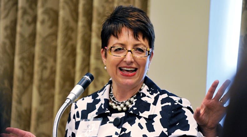 Carol Tome speaks at the Women in Leadership luncheon at the Commerce Club in Atlanta Wednesday, April 21, 2010.