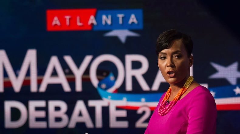 Atlanta mayoral contender Keisha Lance Bottoms speaks at the WSB live debate earlier this month. STEVE SCHAEFER / SPECIAL TO THE AJC