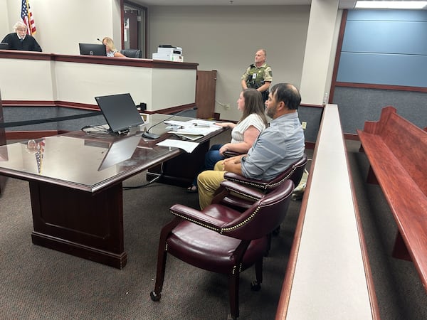 Courtney Guarnieri, right, and Kristy Guarnieri pleaded their case in Fannin County Magistrate Court on June 2, 2026. (Thomas Lake/AJC)