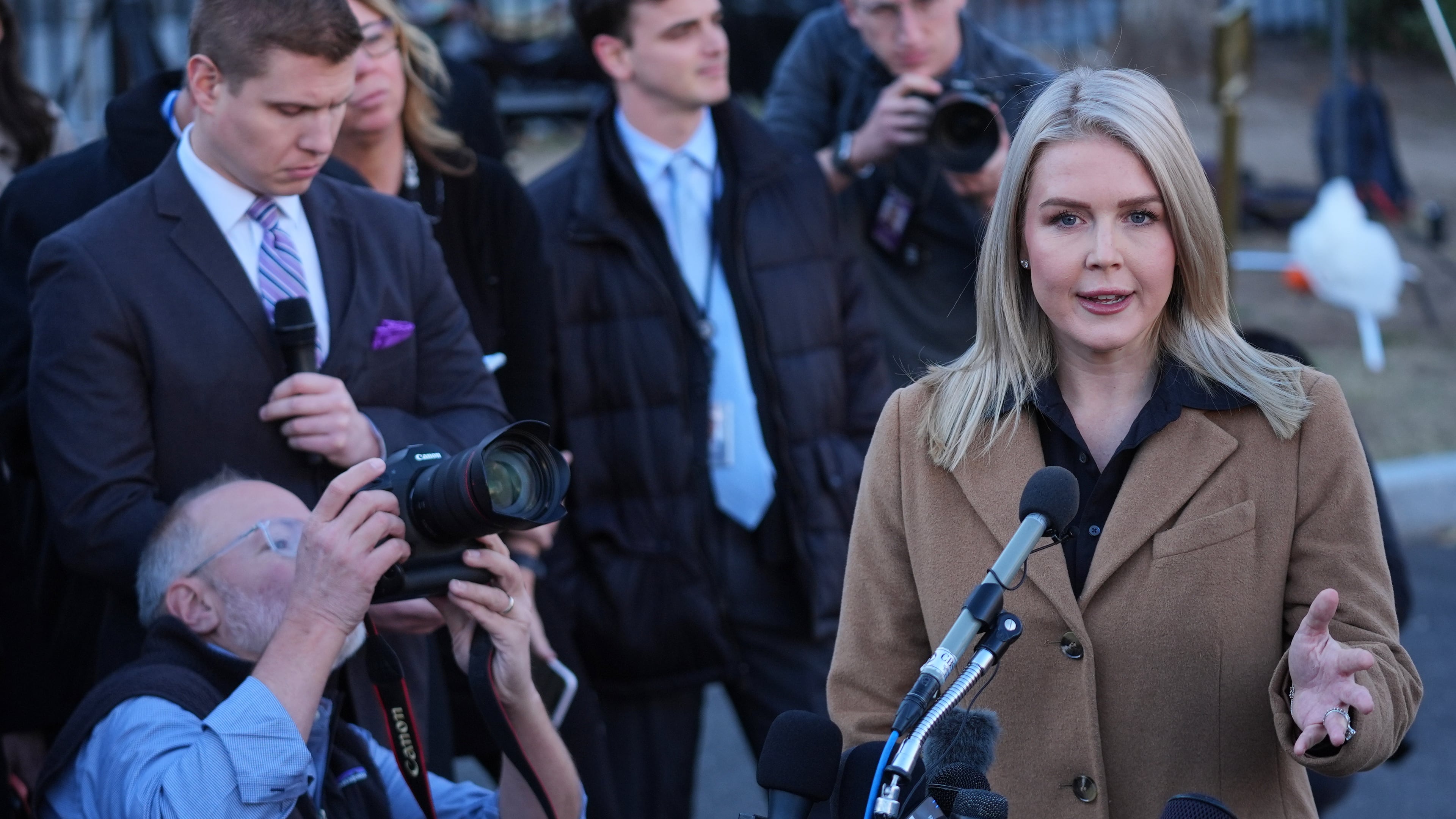 White House press secretary Karoline Leavitt speaks with reporters at the White House, Monday, Nov. 24, 2025, 2025, in Washington. (AP Photo/Evan Vucci)