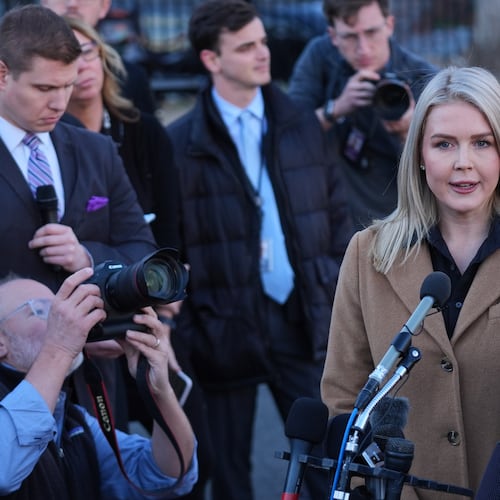 White House press secretary Karoline Leavitt speaks with reporters at the White House, Monday, Nov. 24, 2025, 2025, in Washington. (AP Photo/Evan Vucci)