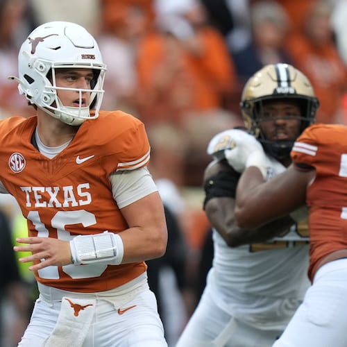 Texas quarterback Arch Manning (16) looks to throw against Vanderbilt during the second half of an NCAA college football game in Austin, Texas, Saturday, Nov. 1, 2025. (AP Photo/Eric Gay)