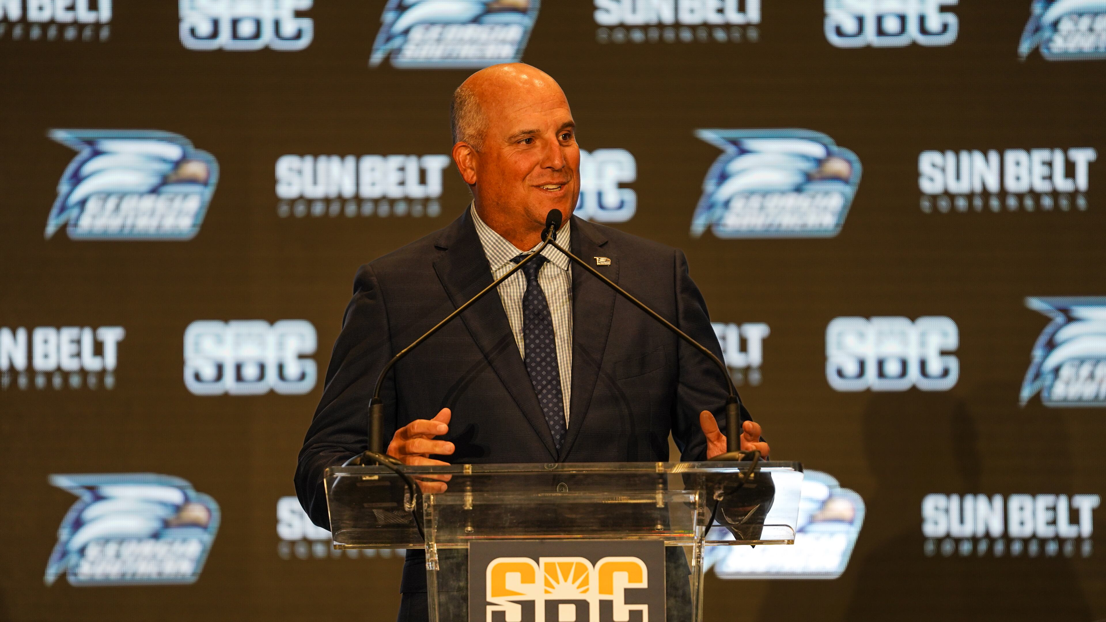 Georgia Southern coach Clay Helton speaks at the annual Sun Belt Conference Media Days event in New Orleans, July 23, 2025. (Courtesy of Sun Belt Conference)