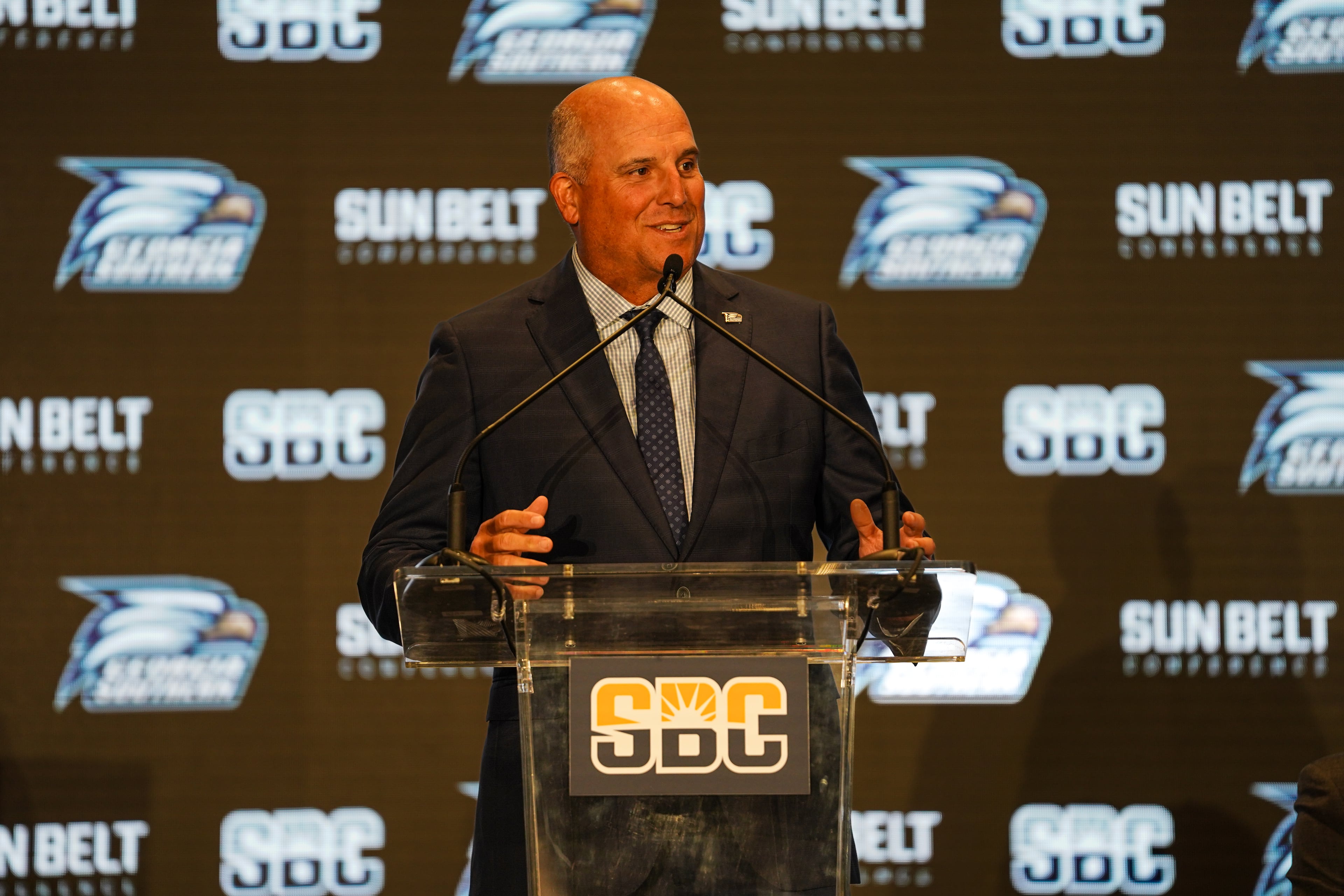Georgia Southern coach Clay Helton speaks at the annual Sun Belt Conference Media Days event in New Orleans, July 23, 2025. (Courtesy of Sun Belt Conference)