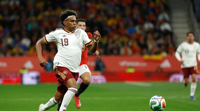 Spain's Lamine Yamal controls the ball during an international friendly match against Egypt in Barcelona, Spain, on Tuesday, March 31, 2026. (Joan Monfort/AP)