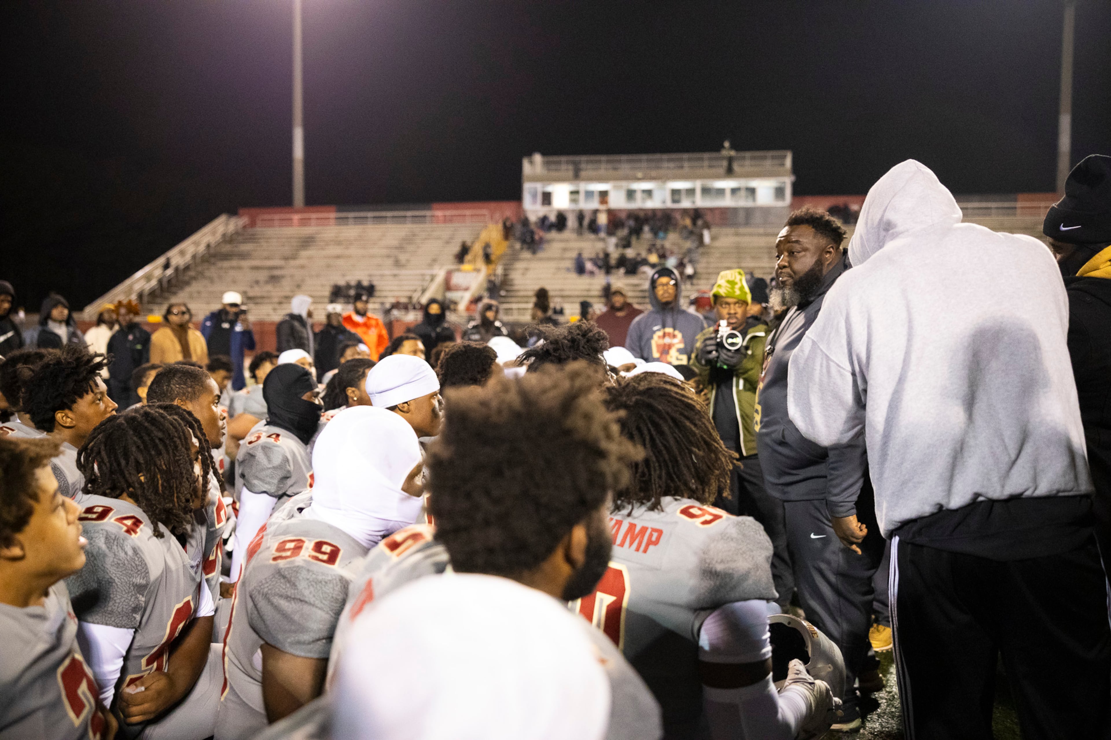 Creekside head coach Maurice Dixon motivates his team after a win in the class 4A semifinal against Kell at Creekside High School in Fairburn, GA on Friday, December 5, 2025. (Oscar Guevara Saenz for the AJC)