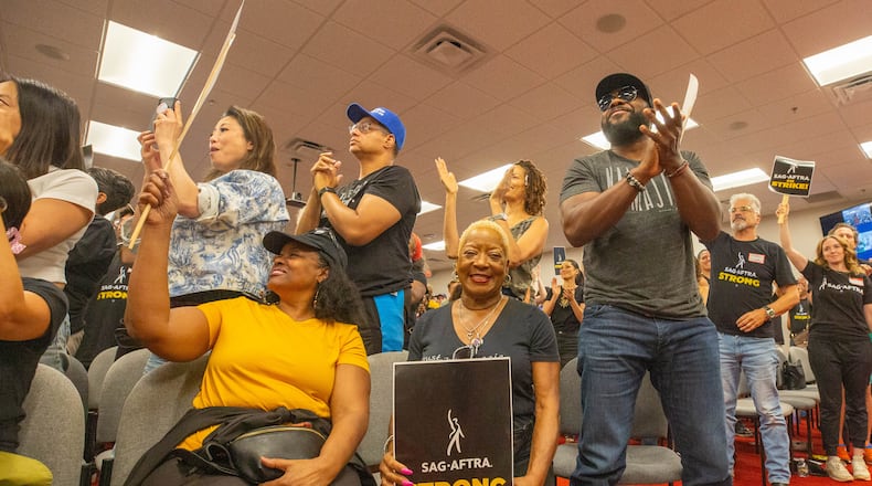Actress Diva Tyler joins union members of SAG-AFTRA and supporters at a rally to discuss the strike and how important it is in Atlanta on Monday, July 17, 2023. (Katelyn Myrick/katelyn.myrick@ajc.com)
