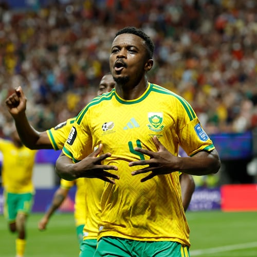 South Africa's Teboho Mokoena celebrates after scoring a penalty, his side's first goal during the World Cup Group A soccer match between Czechia and South Africa in Atlanta, Thursday, June 18, 2026. (AP Photo/Erik S. Lesser)