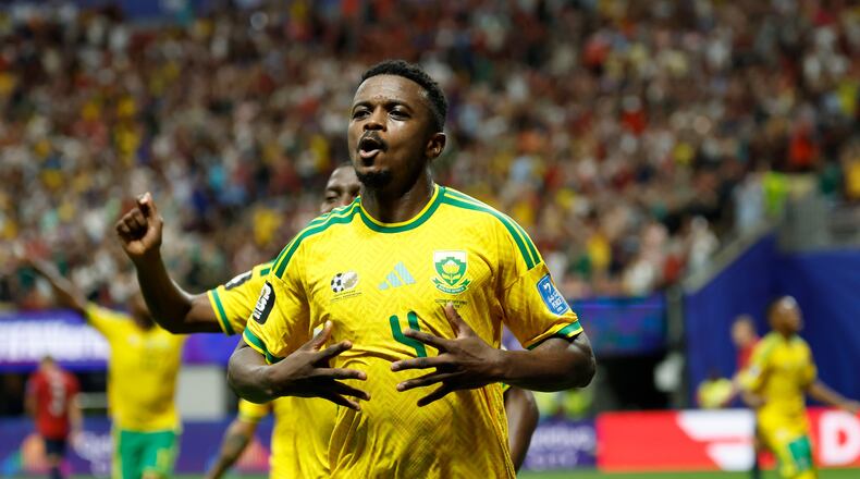 South Africa's Teboho Mokoena celebrates after scoring a penalty, his side's first goal during the World Cup Group A soccer match between Czechia and South Africa in Atlanta, Thursday, June 18, 2026. (AP Photo/Erik S. Lesser)