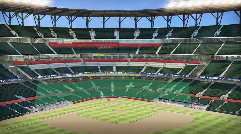 This rendering shows the areas of seats that will be protected by netting in the Braves’ new stadium, SunTrust Park. The netting won’t actually be green, which is for illustrative purposes only in the rendering. (Atlanta Braves)