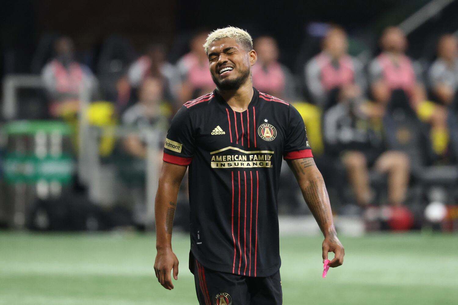 Atlanta United forward Josef Martinez (7) reacts to a play during the first half against the Columbus Crew at Mercedes-Benz Stadium Saturday, July 24, 2021. Atlanta United lost 1-0. JASON GETZ FOR THE ATLANTA JOURNAL-CONSTITUTION