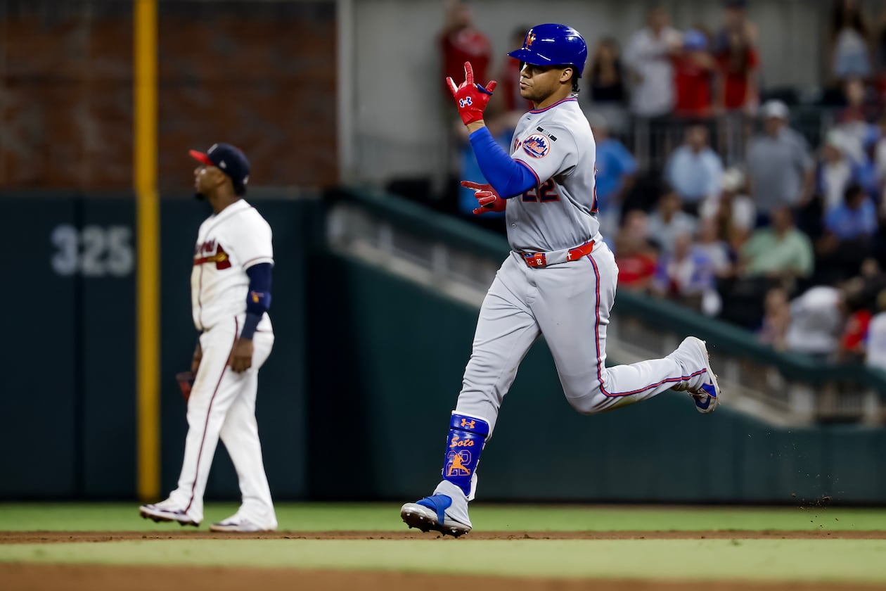 Mets outfielder Juan Soto rounds the bases after hitting a three-run home run against the Braves on Monday, July 6, 2026, at Truist Park in Atlanta. (Erik S. Lesser/AP)