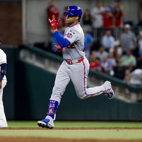 Mets outfielder Juan Soto rounds the bases after hitting a three-run home run against the Braves on Monday, July 6, 2026, at Truist Park in Atlanta. (Erik S. Lesser/AP)