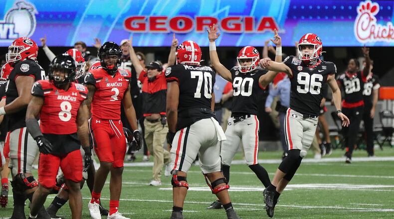 Georgia kicker Jack Podlesny (96) reacts to his game-winning kick to beat Cincinnati 24-21 in the Chick-fil-A Peach Bowl Friday, Jan. 1, 2021, at Mercedes-Benz Stadium in Atlanta. (Curtis Compton / Curtis.Compton@ajc.com)
