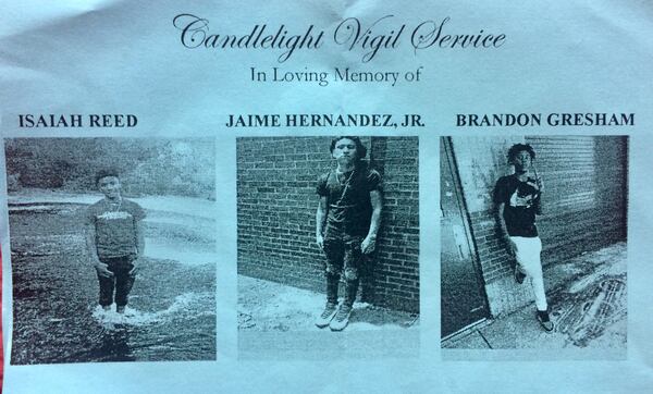 A pamphlet from a vigil held Wednesday night for three teens shot to death Monday morning in Conyers. The man who shot them said the three tried to rob him outside his home at 4 a.m. on September 16, 2019. The teenagers were armed and wore masks, according to police. Photo by Bill Torpy