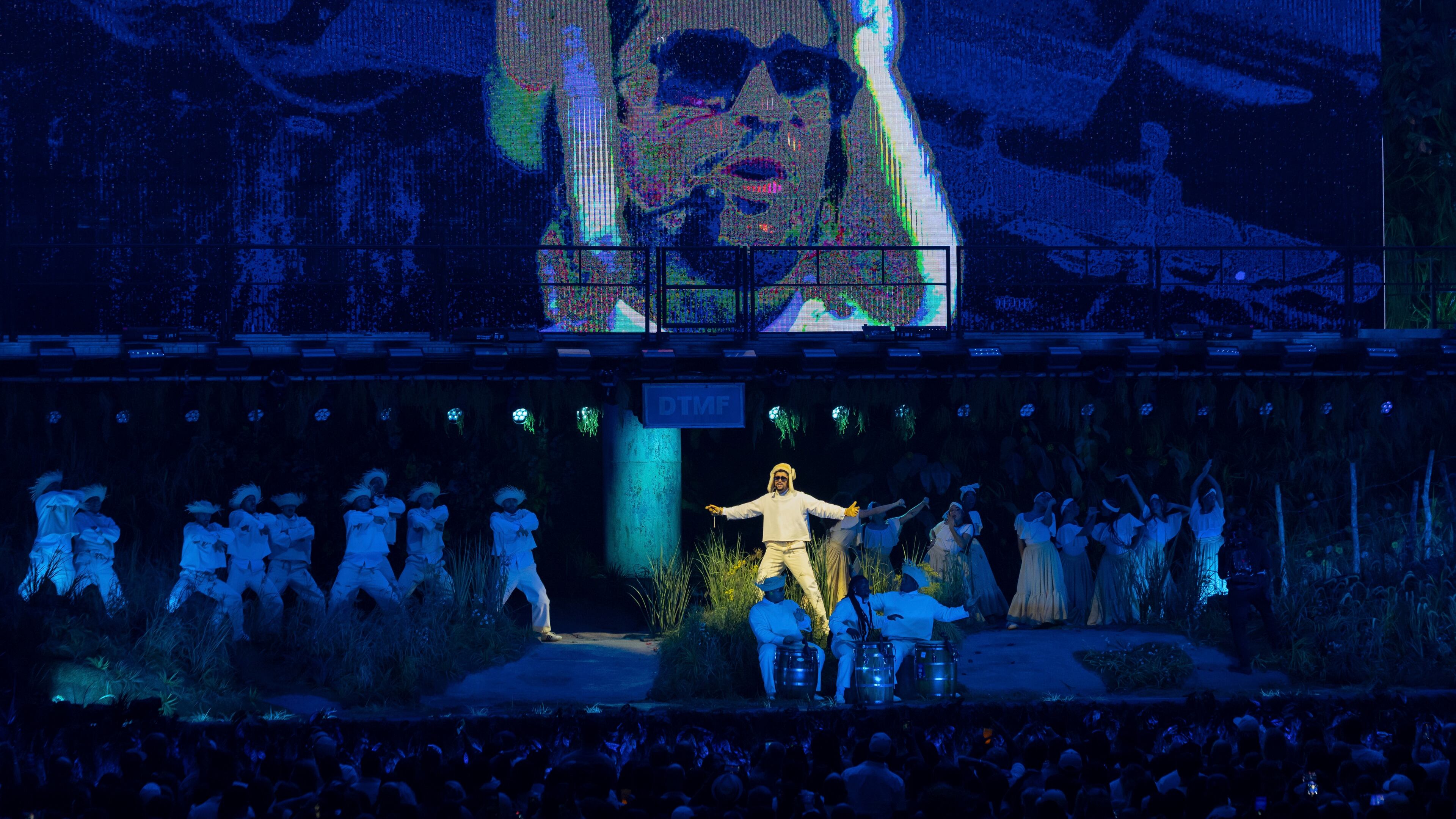 Bad Bunny performs during the final concert of his summer residency in his homeland at the Coliseo de Puerto Rico Jose Miguel Agrelot, in San Juan, Puerto Rico, Saturday, Sept. 20, 2025. (AP Photo/Alejandro Granadillo)
