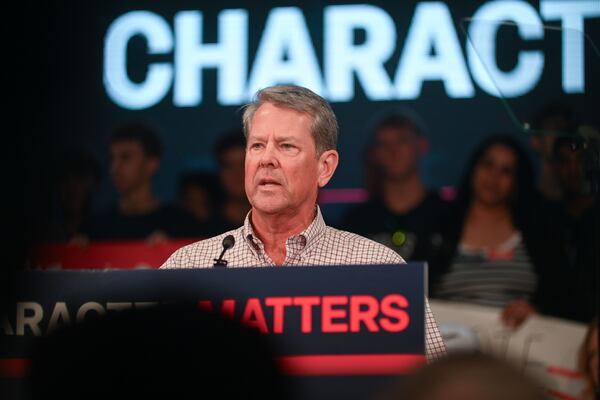 Georgia Gov. Brian Kemp stumps for Republican gubernatorial nominee Rick Jackson during the Character Matters rally Saturday, Aug. 22, 2026, at Tannery Row in Buford, Ga. (Natrice Miller for the AJC)