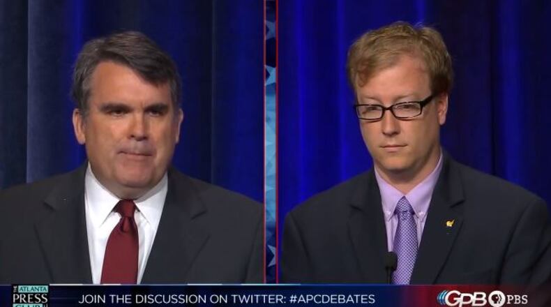 Republican incumbent Chuck Eaton (left) and Libertarian Ryan Graham at this week's debate of three candidates in the District 3 contest for the state Public Service Commission. Not pictured is Democrat Lindy Miller. Special/Georgia Public Broadcasting