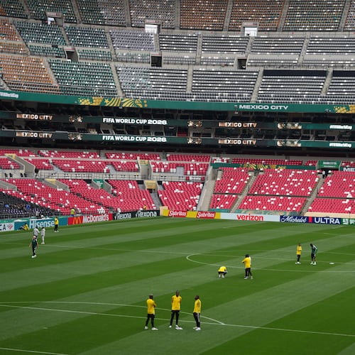 Playes of South Africa visit the stadium in Mexico City, Wednesday, June 10, 2026, a day before their opening FIFA World Cup match against Mexico. (AP Photo/Eduardo Verdugo)