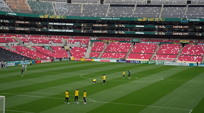 Playes of South Africa visit the stadium in Mexico City, Wednesday, June 10, 2026, a day before their opening FIFA World Cup match against Mexico. (AP Photo/Eduardo Verdugo)