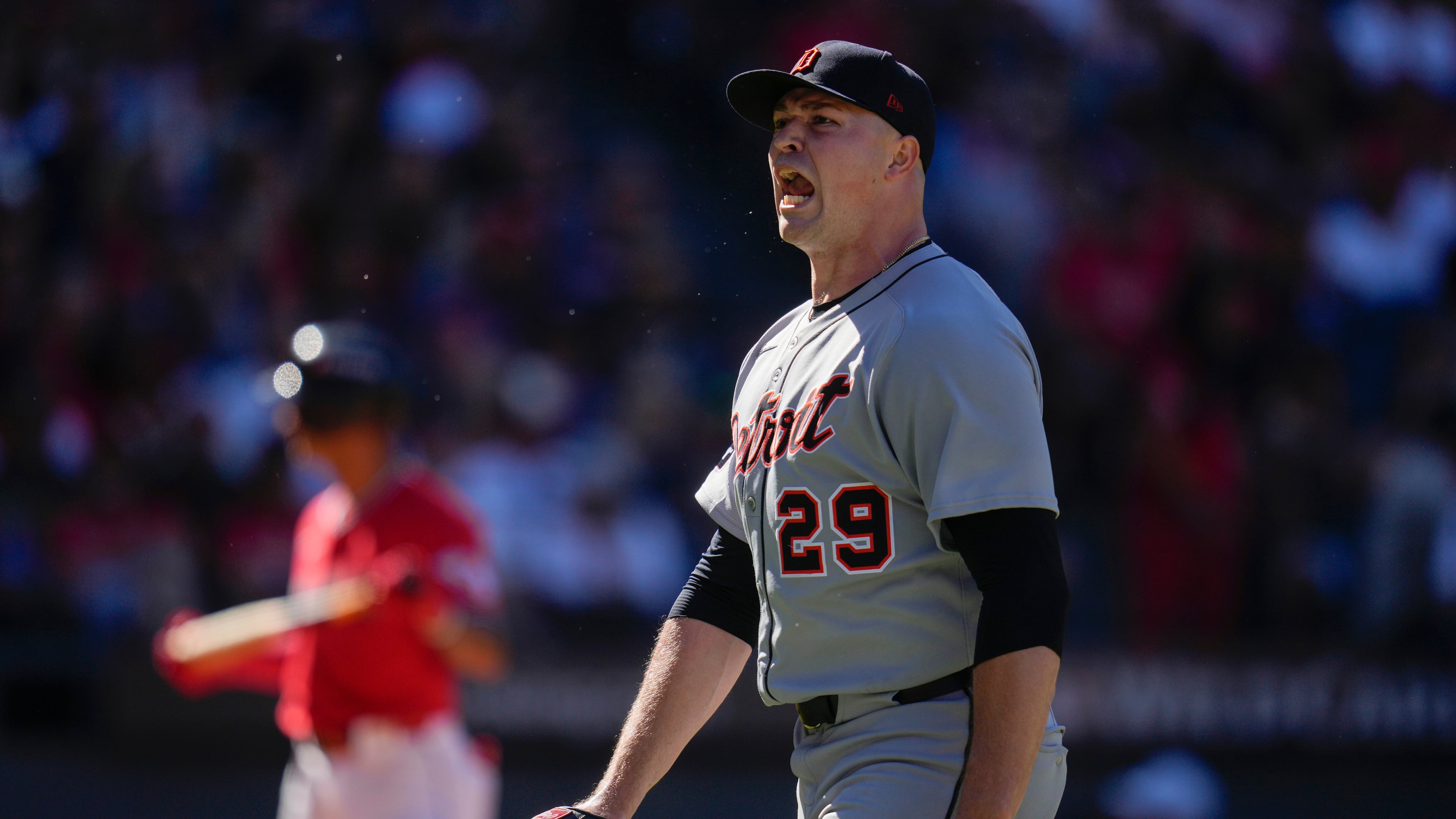 Detroit Tigers starting pitcher Tarik Skubal reacts after his fourth strike out in a row in the seventh inning of Game 1 of the American League Wild Card baseball playoff series against the Cleveland Guardians in Cleveland, Tuesday, Sept. 30, 2025. (AP Photo/Sue Ogrocki)
