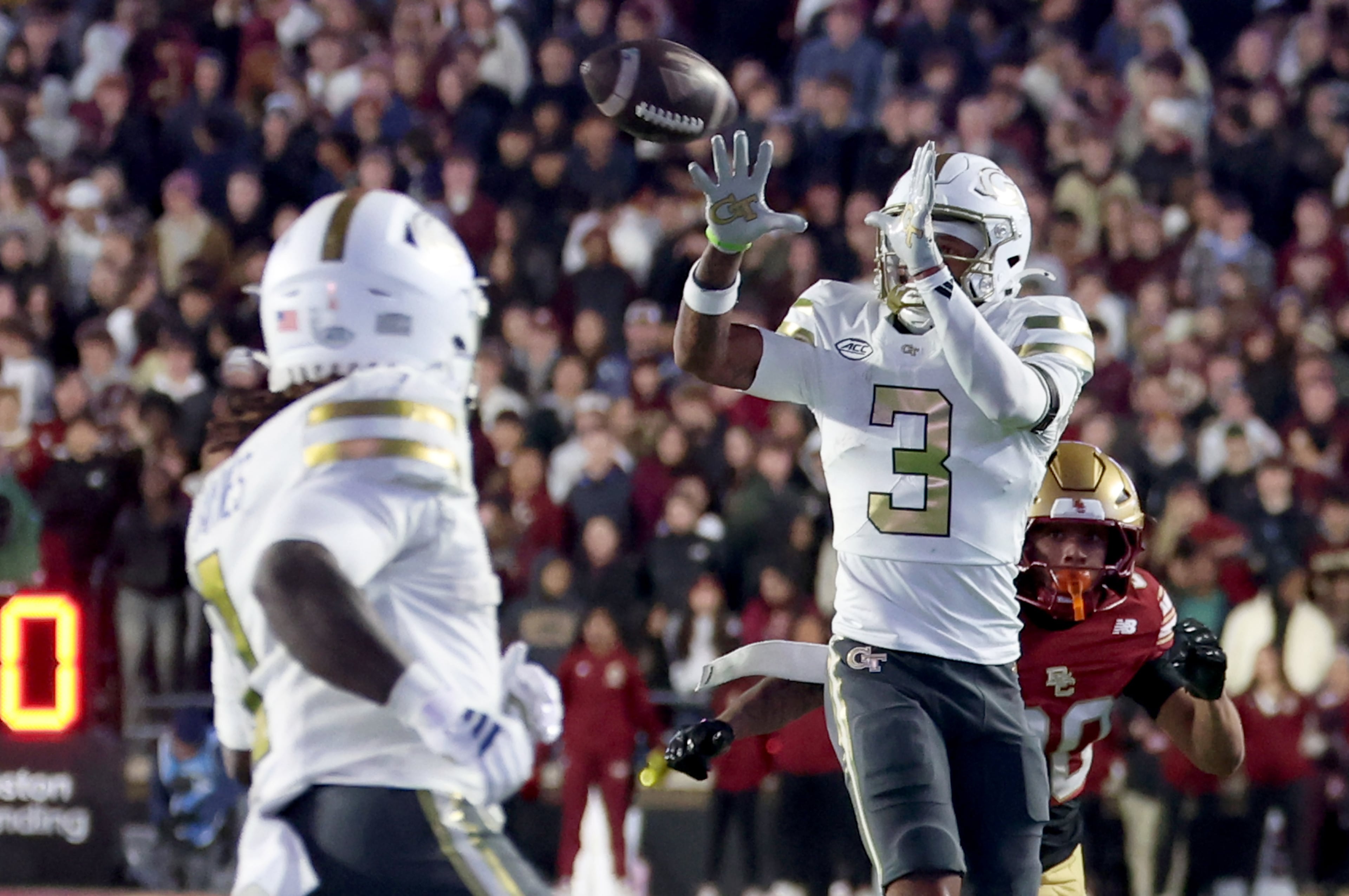 Georgia Tech wide receiver Eric Rivers (3) catches the ball during the first half of an NCAA college football game against Boston College, Saturday, Nov. 15, 2025, in Boston. (AP Photo/Mark Stockwell)