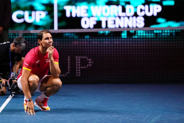 FILE - Spain's Rafael Nadal during a tribute after playing his last match as a professional tennis player in the Davis Cup quarterfinals at the Martin Carpena Sports Hall in Malaga, southern Spain, on Nov. 20, 2024. (AP Photo/Manu Fernandez, File)