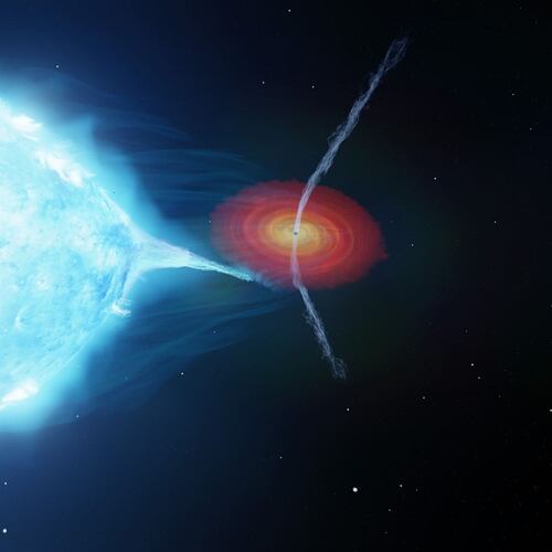 This image provided by International Centre for Radio Astronomy Research (ICRAR) shows the strong stellar wind from the supergiant star pushes the jets launched by the black hole away from the star. ( (International Centre for Radio Astronomy Research (ICRAR) via AP)