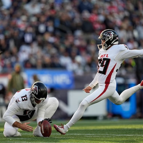 Atlanta Falcons place kicker Parker Romo (39) kicks a field goad against the New England Patriots during the second half of an NFL football game, Sunday, Nov. 2, 2025, in Foxborough, Mass. (AP Photo/Robert F. Bukaty)