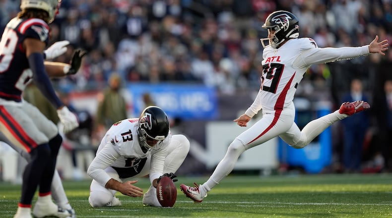 Atlanta Falcons place kicker Parker Romo (39) kicks a field goad against the New England Patriots during the second half of an NFL football game, Sunday, Nov. 2, 2025, in Foxborough, Mass. (AP Photo/Robert F. Bukaty)
