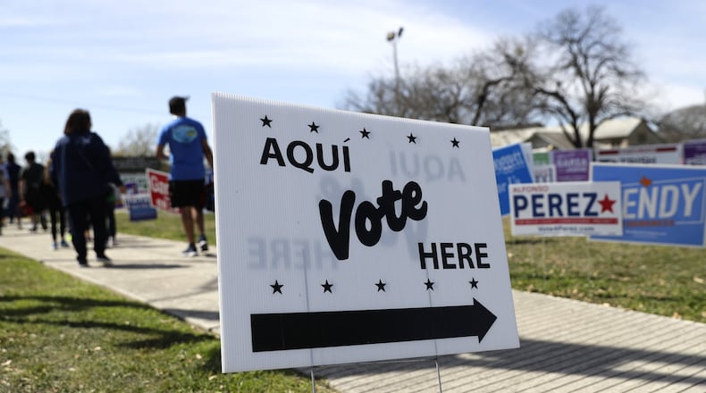 A sign shows voters where they can cast their ballots in San Antiono for Texas’ presidential primary. Texas is one of the top prizes in Super Tuesday’s voting, trailing only California in the number of delegates up for grabs in the race for the Democratic nomination. (AP Photo/Eric Gay)