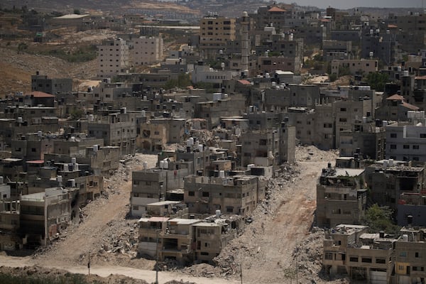 Destroyed houses during the Israeli forces ground operations are seen at the Nur Shams refugee camp, in the West Bank city of Tulkarem, Wednesday, July 2, 2025. (AP Photo/Leo Correa)