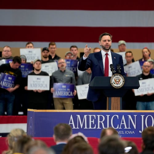Vice President JD Vance speaks during a visit to Ex-Guard Industries, Tuesday, May 5, 2026, in Des Moines, Iowa. (AP Photo/Charlie Neibergall)