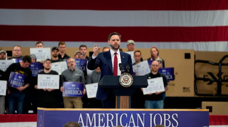 Vice President JD Vance speaks during a visit to Ex-Guard Industries, Tuesday, May 5, 2026, in Des Moines, Iowa. (AP Photo/Charlie Neibergall)