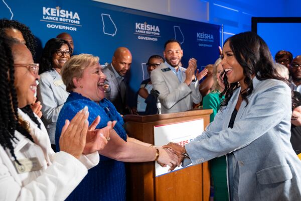 Keisha Lance Bottoms greets Georgia legislators before unveiling her ethics and government transparency plan in Atlanta on Thursday, Aug. 27, 2026. (Ben Gray for the AJC)