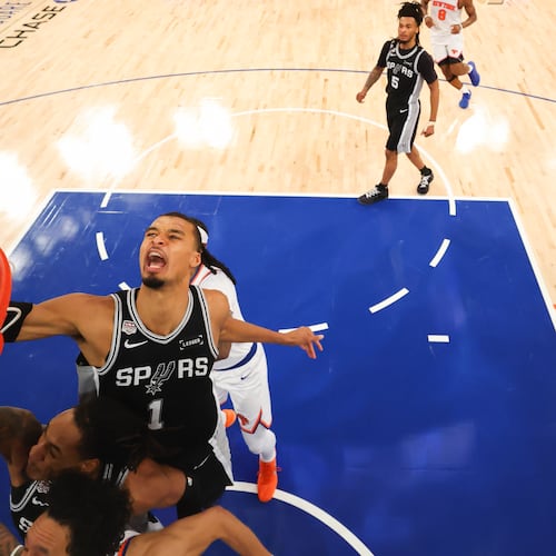 San Antonio Spurs forward Victor Wembanyama (1) shoots against the New York Knicks during the second half of Game 4 of the NBA Finals basketball series, Monday, June 8, 2026, in New York. (Al Bello/Pool Photo via AP)